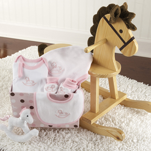 Rockabye Baby Wooden Rocking horse, Toy, and Layette Set Pink